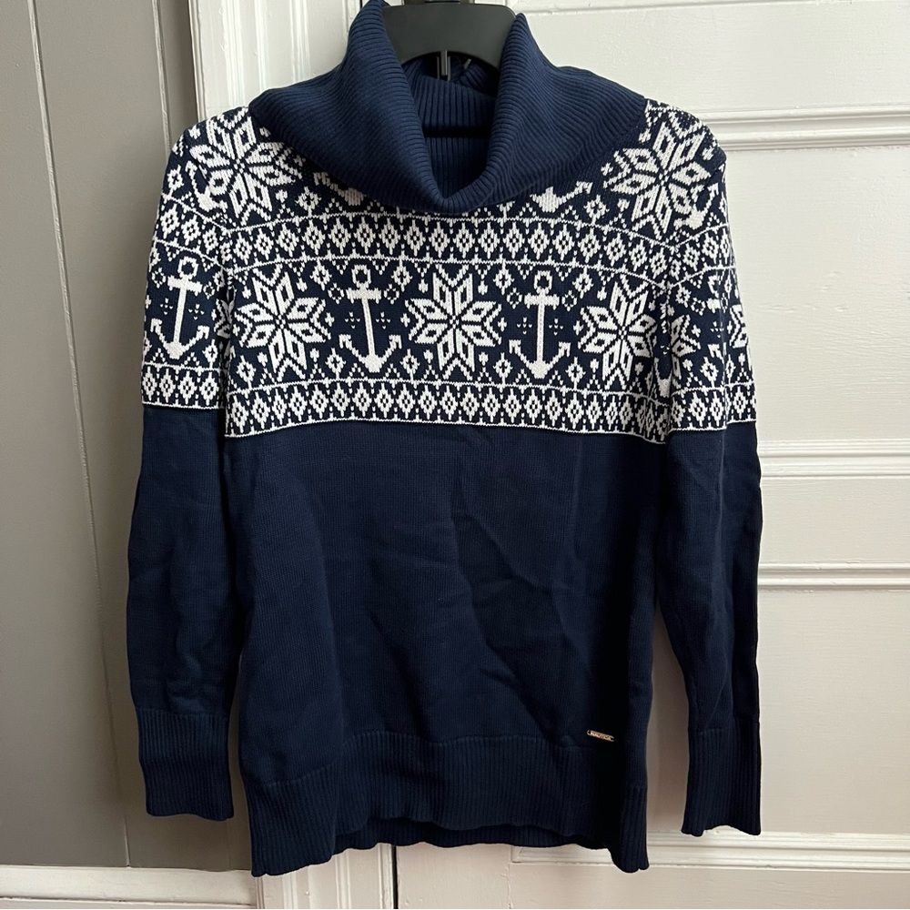 Nautica 100% Cotton Navy & White Winter Snowflake & Anchor Cowl Neck Sweater L